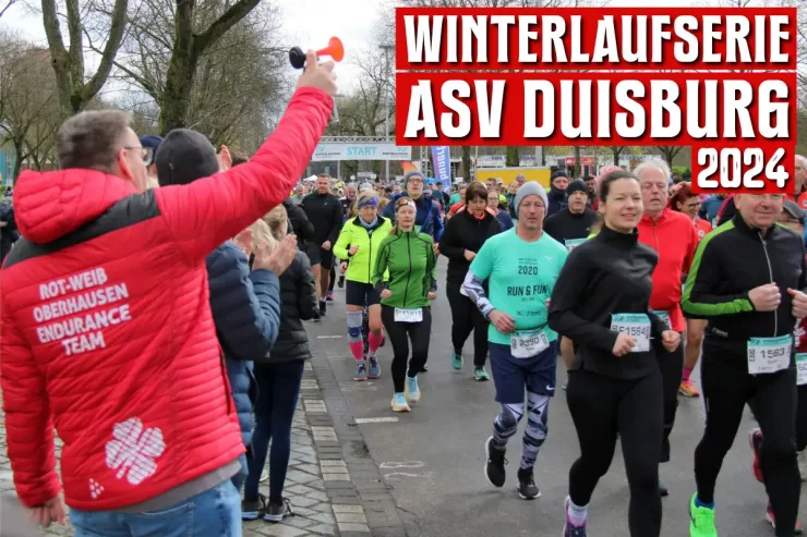 Start der Winterlaufserie ASV Duisburg 2024 mit Läufern in Bewegung und dem RWO Endurance Team in roter Teamjacke